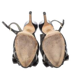 Pre Owned صندل ديور نعل سميك فتحة كعب فيونكة ساتان ودانتيل رمادى / أسود مقاس 38.5