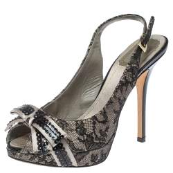 Pre Owned صندل ديور نعل سميك فتحة كعب فيونكة ساتان ودانتيل رمادى / أسود مقاس 38.5