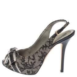 Pre Owned صندل ديور نعل سميك فتحة كعب فيونكة ساتان ودانتيل رمادى / أسود مقاس 38.5