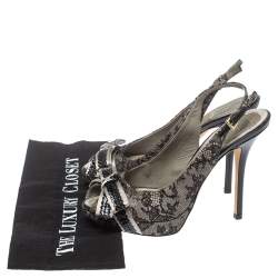 Pre Owned صندل ديور نعل سميك فتحة كعب فيونكة ساتان ودانتيل رمادى / أسود مقاس 38.5