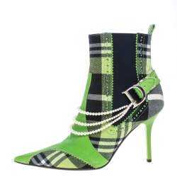 Pre Owned بوت للكاحل ديور جلد أخضر وكانفاس كاروهات لؤلؤ مزخرف مقدمة مدببة مقاس 39
