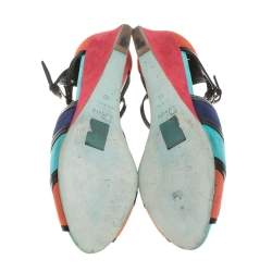 مملوكة مسبقًا Dior Multicolor Suede And Patent Leather Kitten Wedge Sandals Size 40