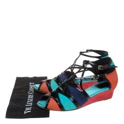 مملوكة مسبقًا Dior Multicolor Suede And Patent Leather Kitten Wedge Sandals Size 40