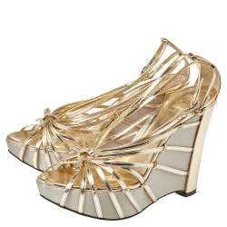 Dior Gold Patent Leather Strappy Platform Wedge Sandals Size 41