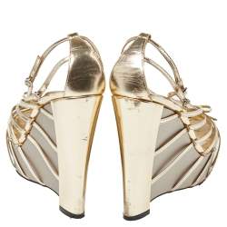 Dior Gold Patent Leather Strappy Platform Wedge Sandals Size 41