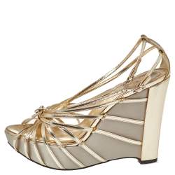 Dior Gold Patent Leather Strappy Platform Wedge Sandals Size 41