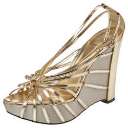 Dior Gold Patent Leather Strappy Platform Wedge Sandals Size 41