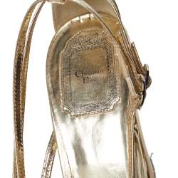 Dior Gold Patent Leather Strappy Platform Wedge Sandals Size 41