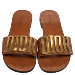مملوكة مسبقًا Dior Brown Leather Logo Flat Sandals Size 39