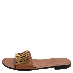 Dior Brown Leather Logo Flat Sandals Size 39