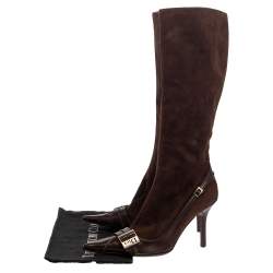 مملوكة مسبقًا Dior Brown Suede And Leather Knee Length Pointed Toe Buckle Boots Size 38