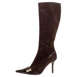 مملوكة مسبقًا Dior Brown Suede And Leather Knee Length Pointed Toe Buckle Boots Size 38