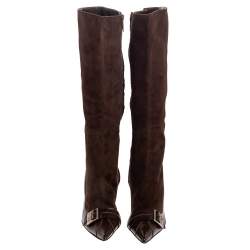 مملوكة مسبقًا Dior Brown Suede And Leather Knee Length Pointed Toe Buckle Boots Size 38