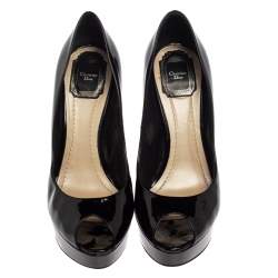Dior Black Patent Leather Platform Peep Toe Pumps Size 39