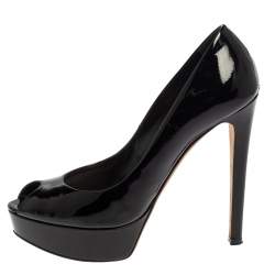 Dior Black Patent Leather Platform Peep Toe Pumps Size 39