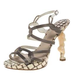 Dior Silver/White Chain And Leather Fertility Goddess Slingback Sandals Size 38
