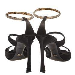 Pre Owned Dior Black Satin And Crystal Ankle Strap Cuff Sandals Size 40