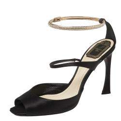 Pre Owned Dior Black Satin And Crystal Ankle Strap Cuff Sandals Size 40