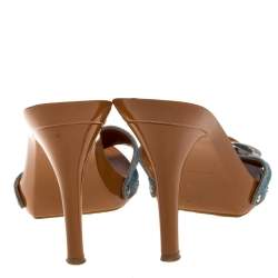 Pre Owned صندل ديورقماش دنيم مطرز أزرق كعب خشبي مقاس 37