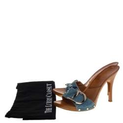 Pre Owned صندل ديورقماش دنيم مطرز أزرق كعب خشبي مقاس 37