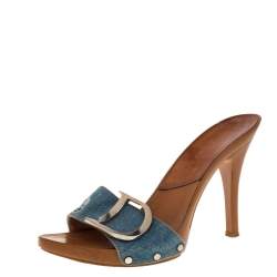 Pre Owned صندل ديورقماش دنيم مطرز أزرق كعب خشبي مقاس 37