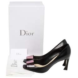 Pre Owned Dior Black Leather Plaque Peep Toe Pumps Size 38.5