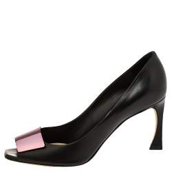 Pre Owned Dior Black Leather Plaque Peep Toe Pumps Size 38.5