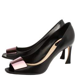 Pre Owned Dior Black Leather Plaque Peep Toe Pumps Size 38.5