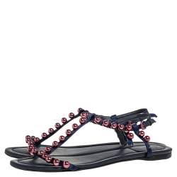 Dior Blue Satin Beads T-Strap Flat Sandals Size 40