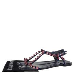 Dior Blue Satin Beads T-Strap Flat Sandals Size 40