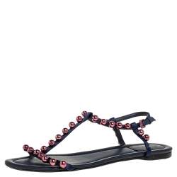 Dior Blue Satin Beads T-Strap Flat Sandals Size 40