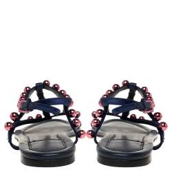 Dior Blue Satin Beads T-Strap Flat Sandals Size 40