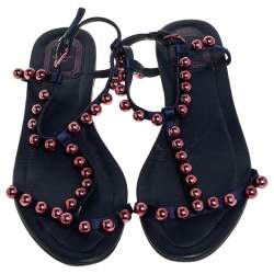 Dior Blue Satin Beads T-Strap Flat Sandals Size 40
