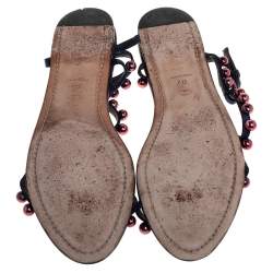 Dior Blue Satin Beads T-Strap Flat Sandals Size 40
