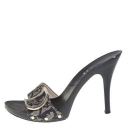 Pre Owned Dior Blue Canvas Logo Detail Slide Sandals Size 37