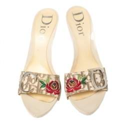 Pre Owned Dior Beige Canvas Logo Detail Slide Sandals Size 39.5