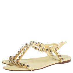 Pre Owned Dior Yellow Leather And Satin Pearl Embellishment T Strap Flats Size 37