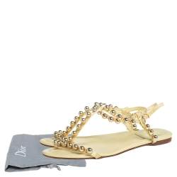 Pre Owned Dior Yellow Leather And Satin Pearl Embellishment T Strap Flats Size 37
