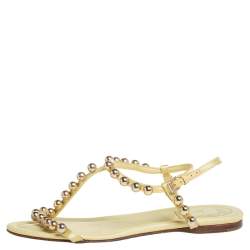 Pre Owned Dior Yellow Leather And Satin Pearl Embellishment T Strap Flats Size 37