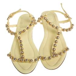 Pre Owned Dior Yellow Leather And Satin Pearl Embellishment T Strap Flats Size 37
