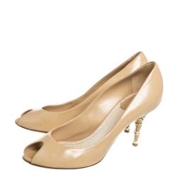 Dior Beige Patent Leather Peep Toe Cannage Heel Pumps Size 36.5