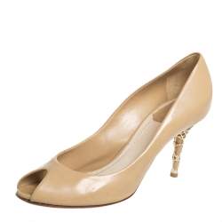 Dior Beige Patent Leather Peep Toe Cannage Heel Pumps Size 36.5