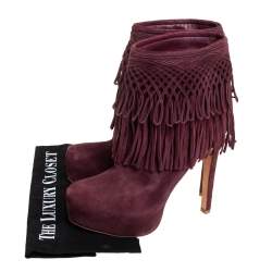 Pre Owned Dior Burgundy Suede Fringes Booties Size 36