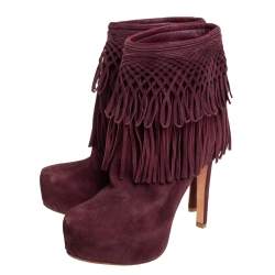 Pre Owned Dior Burgundy Suede Fringes Booties Size 36