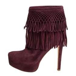 Pre Owned Dior Burgundy Suede Fringes Booties Size 36