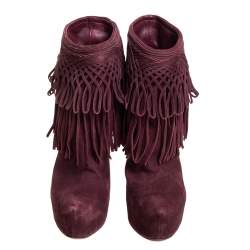 Pre Owned Dior Burgundy Suede Fringes Booties Size 36