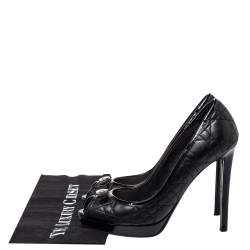 Pre Owned حذاء كعب عالي ديور جلد أسود لامع وجلد بفيونكة مقدمة مفتوحة نعل سميك مقاس 38