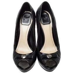 Pre Owned حذاء كعب عالي ديور جلد أسود لامع وجلد بفيونكة مقدمة مفتوحة نعل سميك مقاس 38