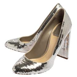 Pre Owned حذاء كعب عالي ديور جلد فضي ترتر كعب مربع سميك مقاس 38