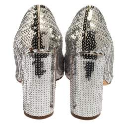 Pre Owned حذاء كعب عالي ديور جلد فضي ترتر كعب مربع سميك مقاس 38